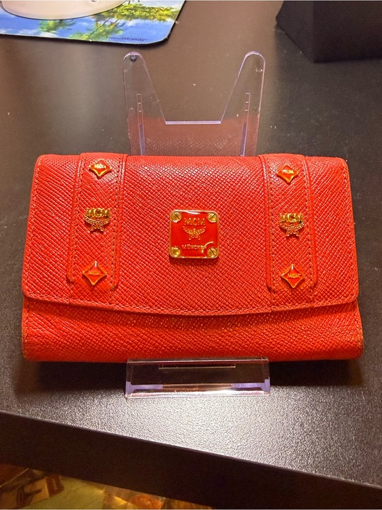 MCM Handbags - MCM Red Textured Leather Logo Plaque Wallet